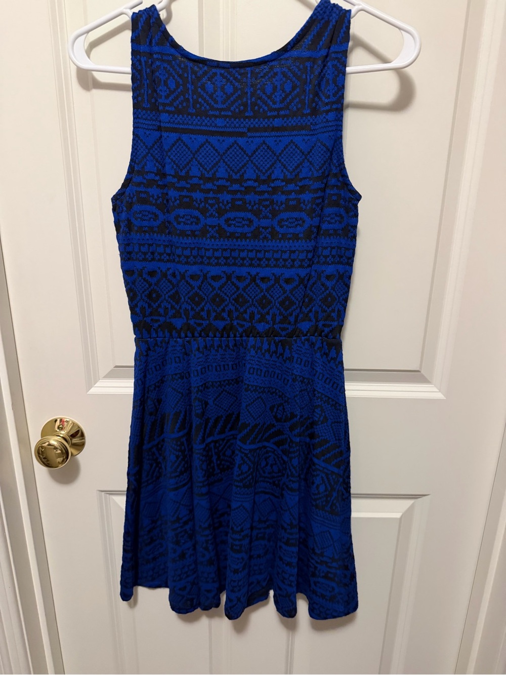 Blue and Black Patterned Sleeveless Skater Dress